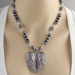 Silver/Black Glass Angel Wing Necklace Set